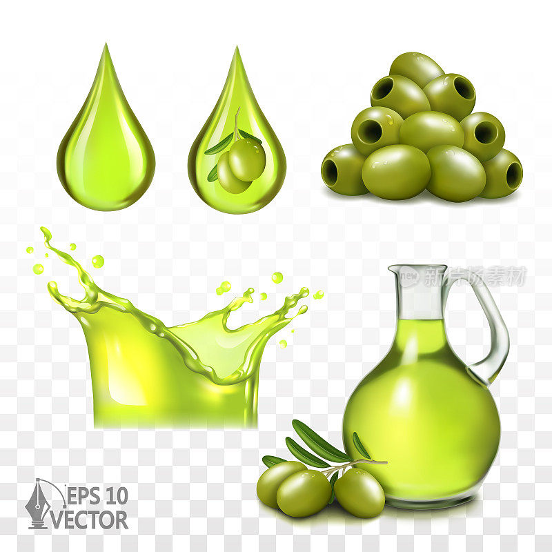 Realistic jug of olive oil, green olives on a branch, oil splash and drops, healthy food and natural cosmetic ingredients, 3d realistic vector illustration